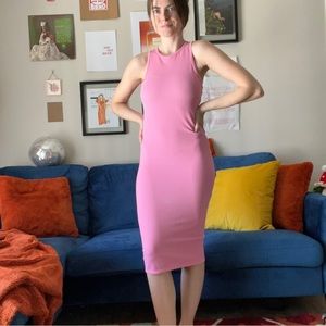 Stretchy ribbed bubble gum pink midi dress